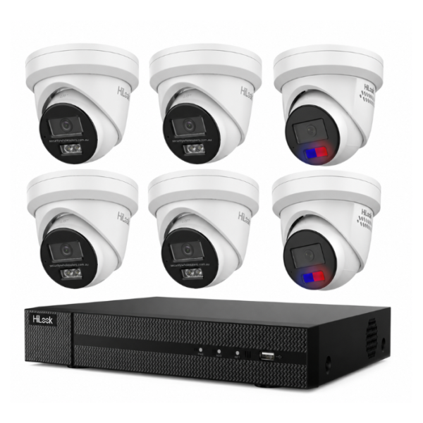 HiLook Hikvision 6MP AcuSense CCTV Kit – 2x Colour Deterrence IPC-T269-MU/SL + 4x Turret IPC-T361H-MU + 8CH PoE NVR (NVR-108MH-C/8P)